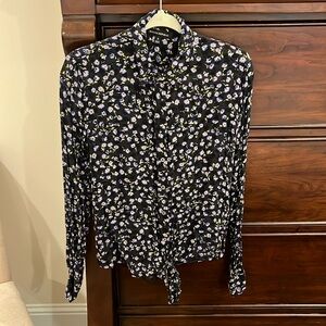 Purple, yellow and black floral tie blouse